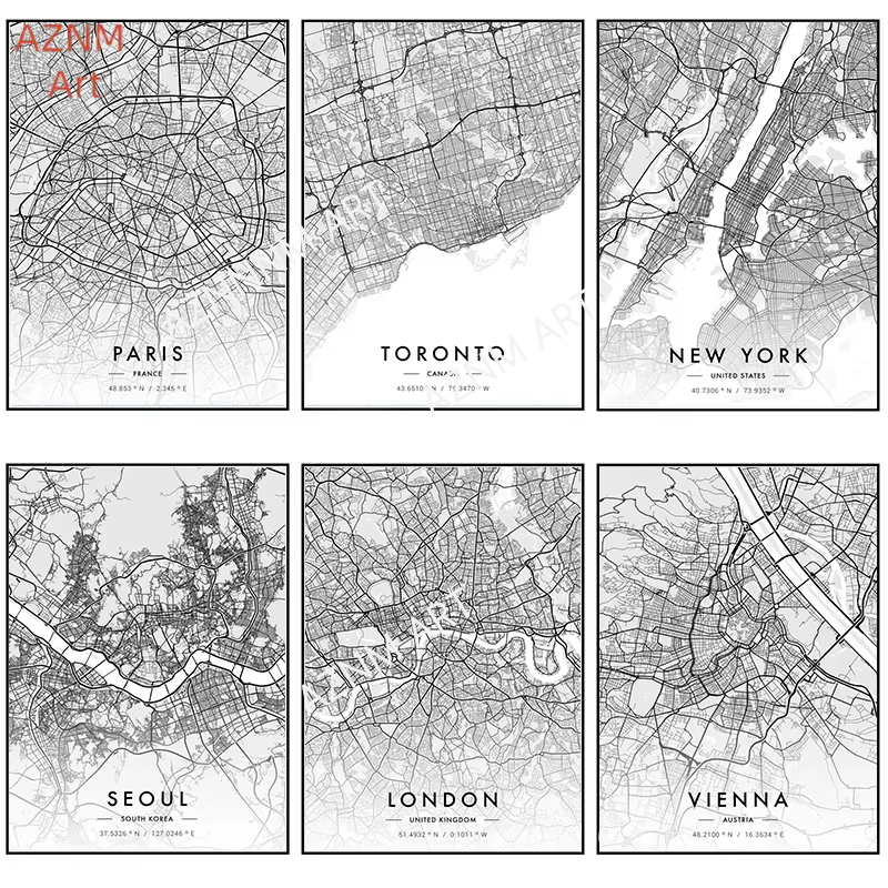 Photography New York - 도시 지도 아트워크 포스터 파리 뉴욕