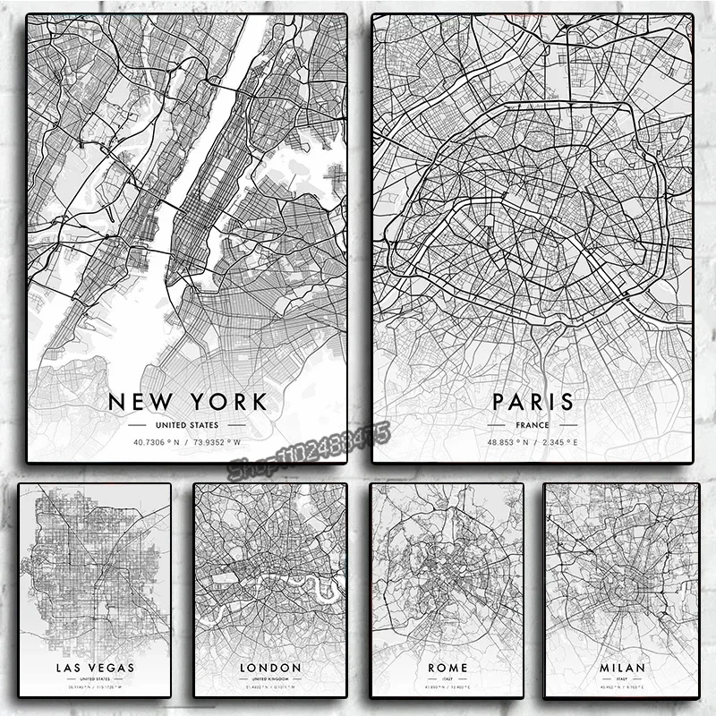 파리 뉴욕 도시 지도 아트워크 HD 프린트 흑백 지도  - Photography New York 리뷰 및 가격